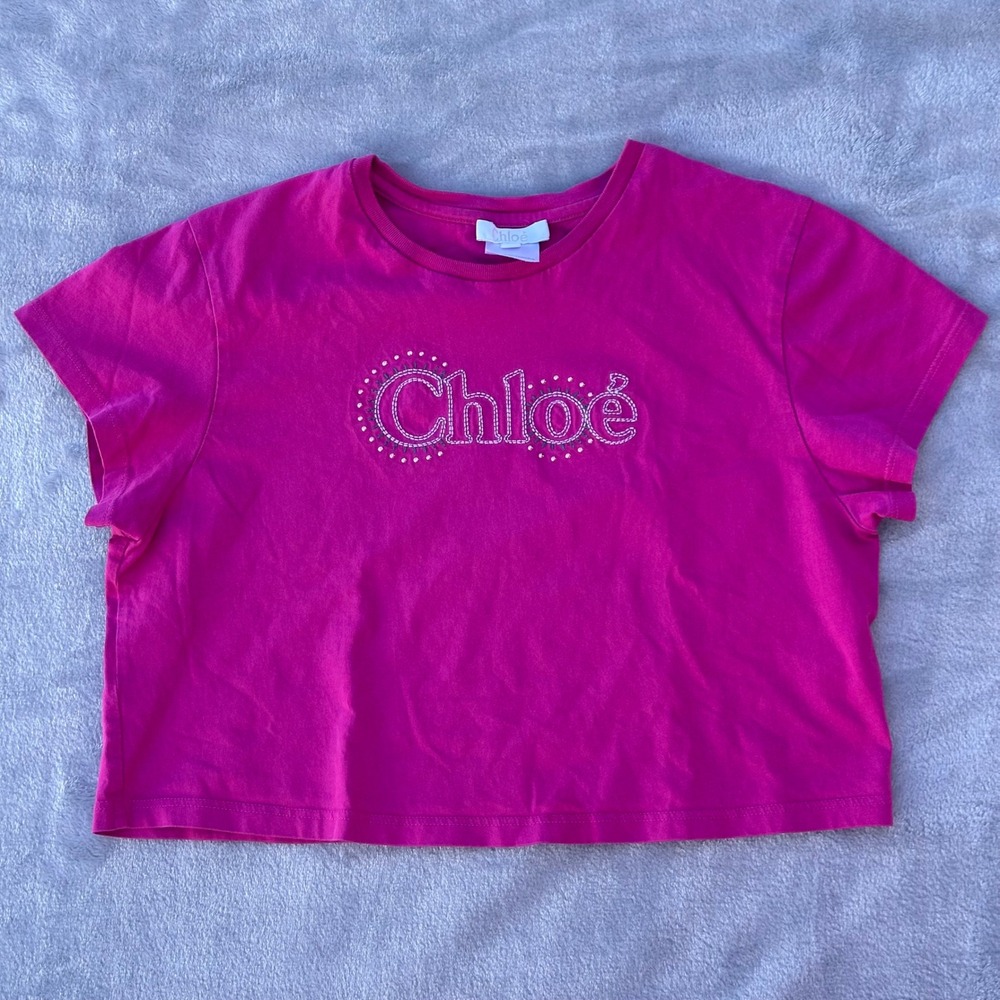 Chloe Pink Embroidered Logo Crop T-Shirt Cotton Fuchsia Short Sleeve Size 10